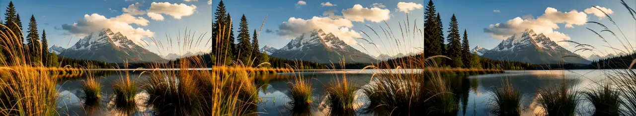Three sampled frames from an Agnes Video 2.5 image-reference test with mountain lake and grass direction