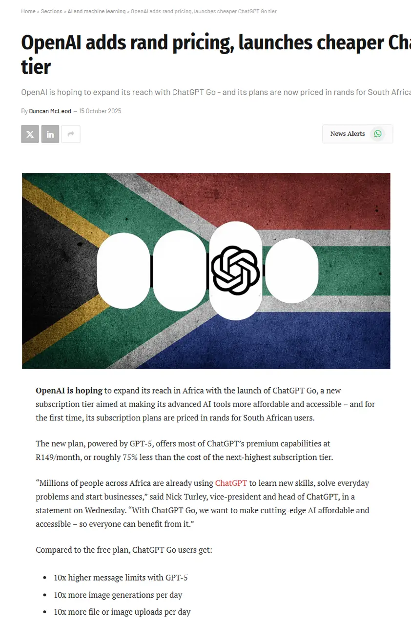 TechCentral article excerpt dated 15 October 2025 about South African rand pricing and ChatGPT Go