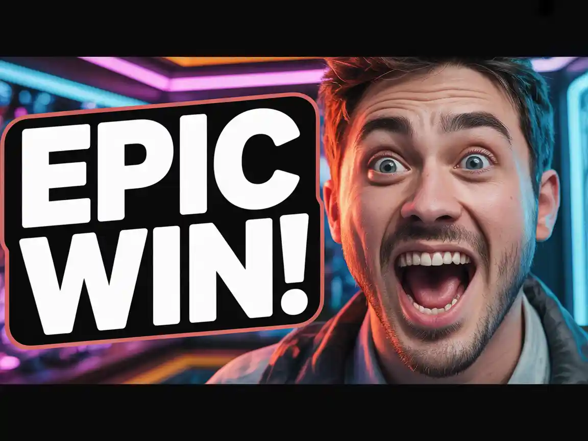 一张充满活力的游戏缩略图，显示兴奋的主播，大片文字叠加“EPIC WIN！”，面部细节丰富，霓虹背景，电影级灯光。