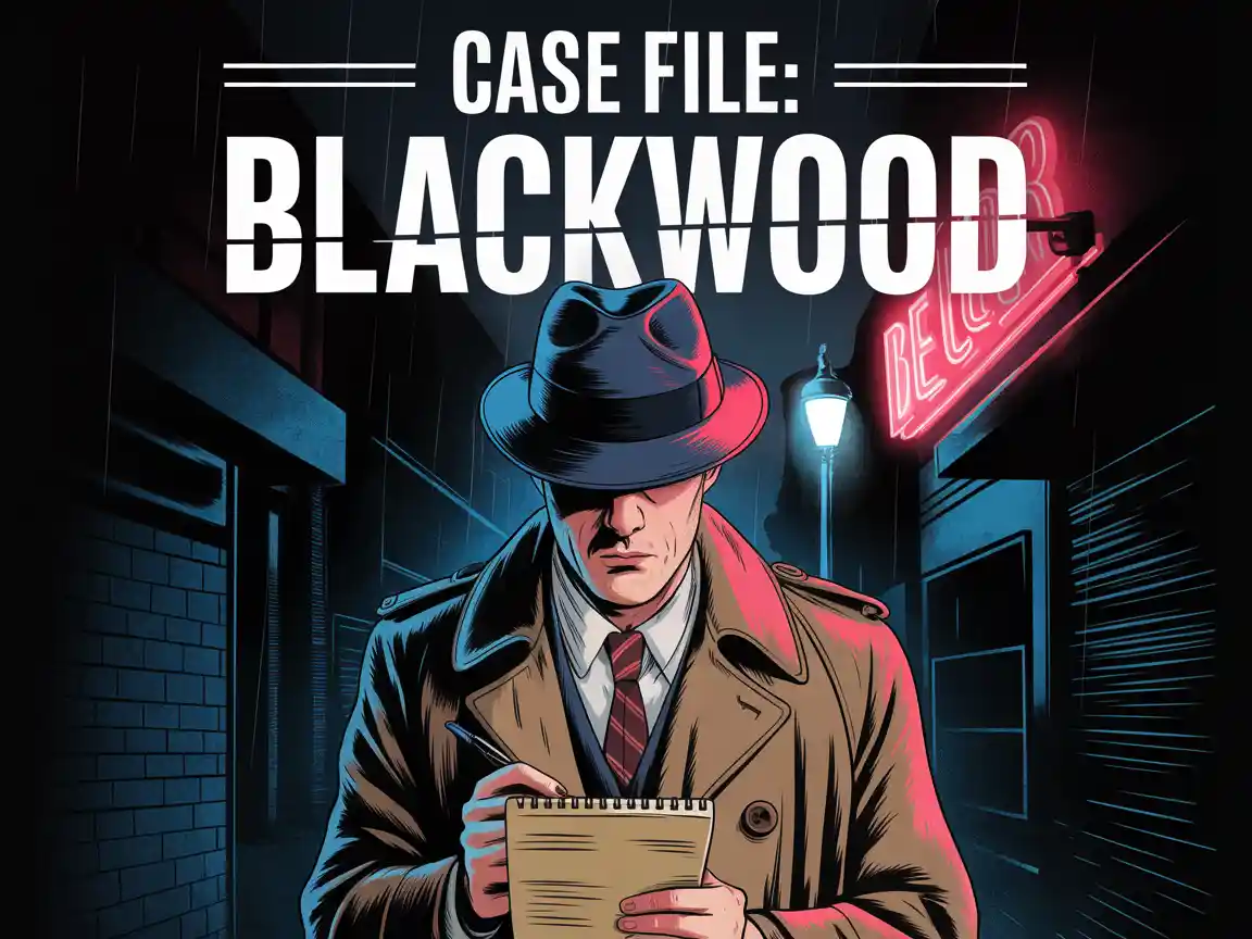 粗犷的真实犯罪播客缩略图，暗调氛围灯光，风格化侦探插画，大型冲击文字叠加。