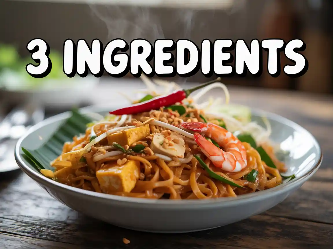 明亮多彩的烹饪教程缩略图，近拍美味菜肴冒出蒸汽，粗体大字“3种原料”。