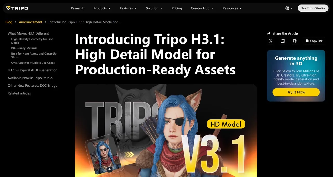 Official Tripo H3.1 high-detail model announcement