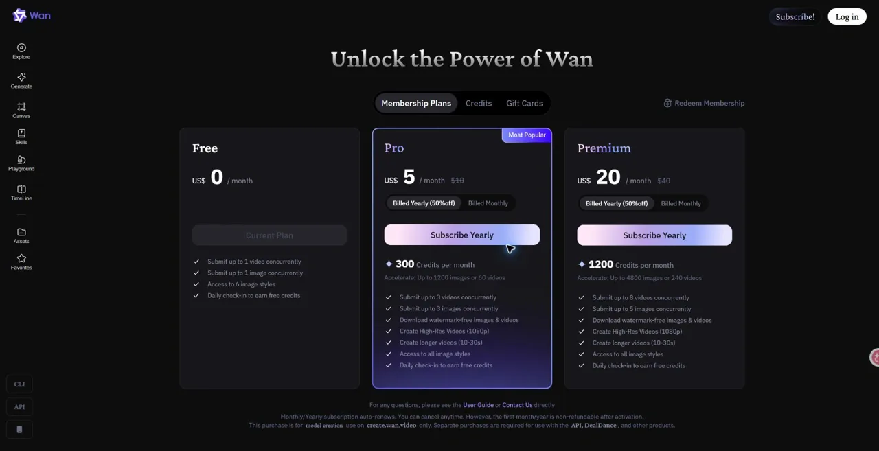 Wan creator annual plans showing $5 and $20 monthly equivalents