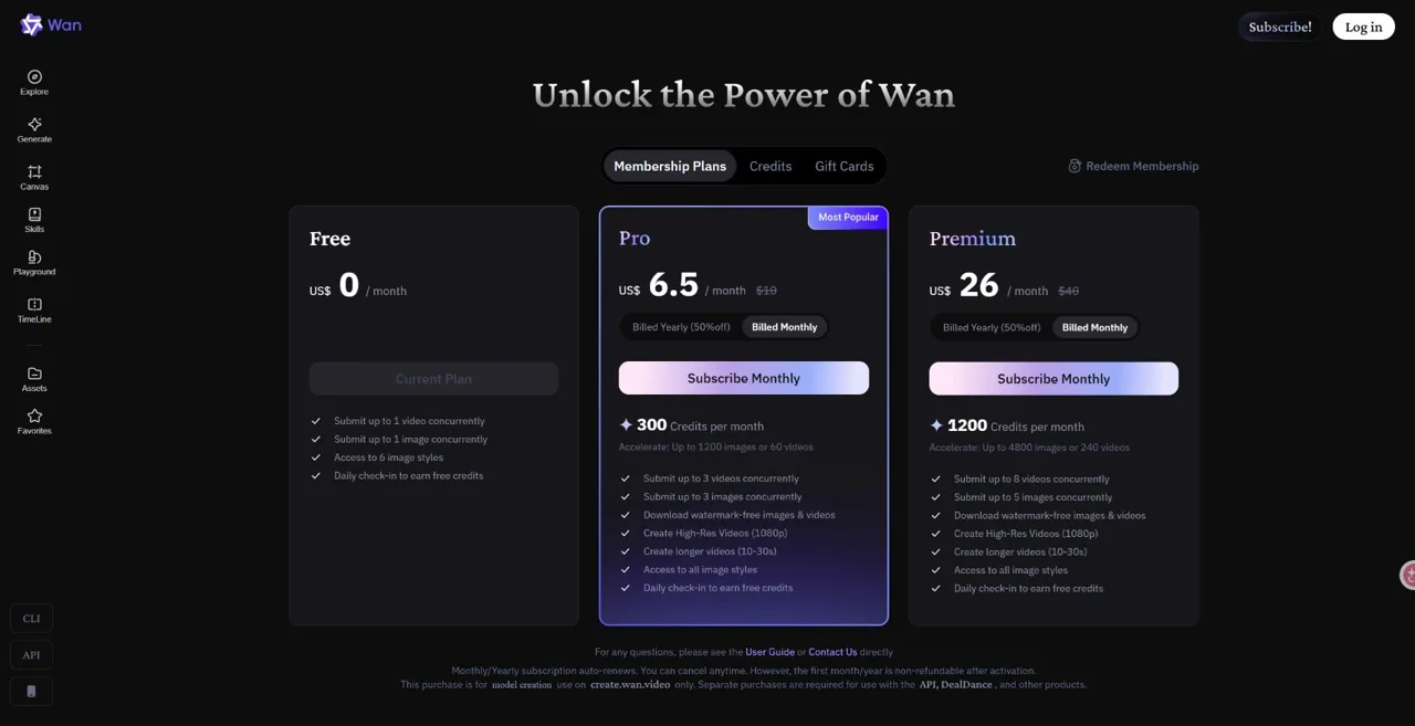 Wan creator monthly plans showing Pro at $6.50 and Premium at $26