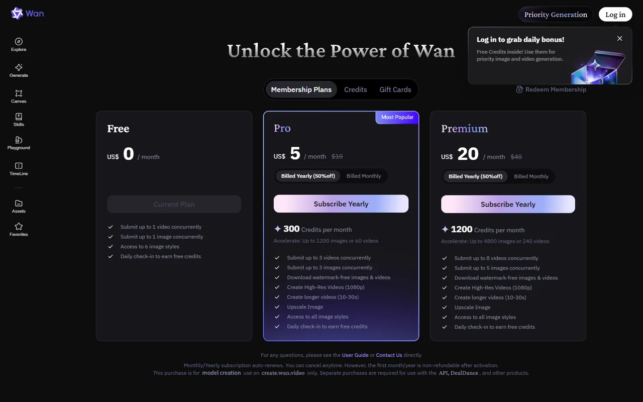 Page officielle de Wan présentant les tarifs des formules d'abonnement Free, Pro et Premium