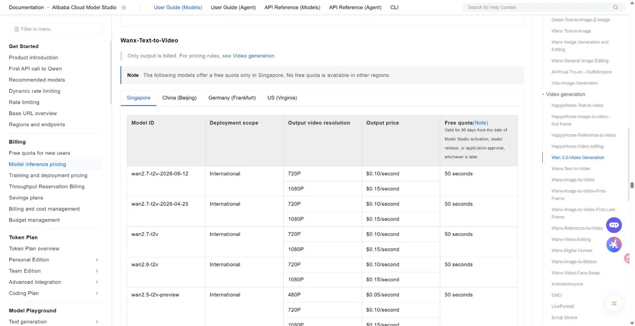 Alibaba Cloud Wan 2.7 text-to-video prices at 720p and 1080p