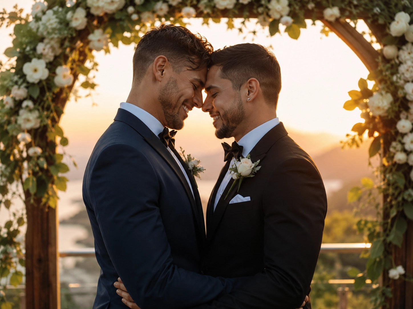 a romantic AI wedding photo of two men in elegant wedding suits, soft golden-hour lighting, emotional ceremony moment, floral arch background, cinematic couple portrait, realistic wedding photography style, joyful and intimate atmosphere