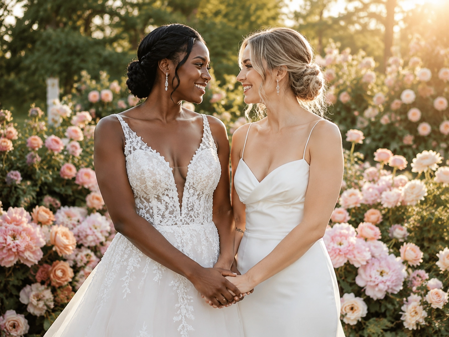 a beautiful AI wedding photo of two women wearing elegant bridal outfits, garden wedding background, soft pastel flowers, natural sunlight, affectionate pose, dreamy romantic photography, inclusive same-sex wedding portrait