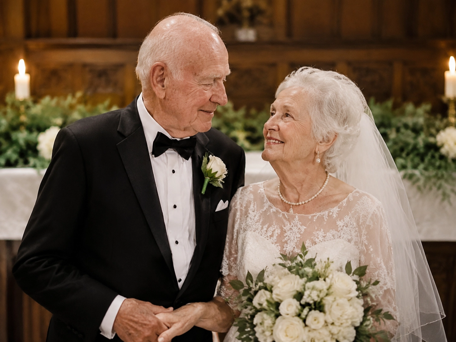 a heartwarming wedding photo of an elderly couple celebrating their wedding, classic formal outfits, warm indoor ceremony lighting, gentle smiles, timeless romance, realistic documentary wedding photography style