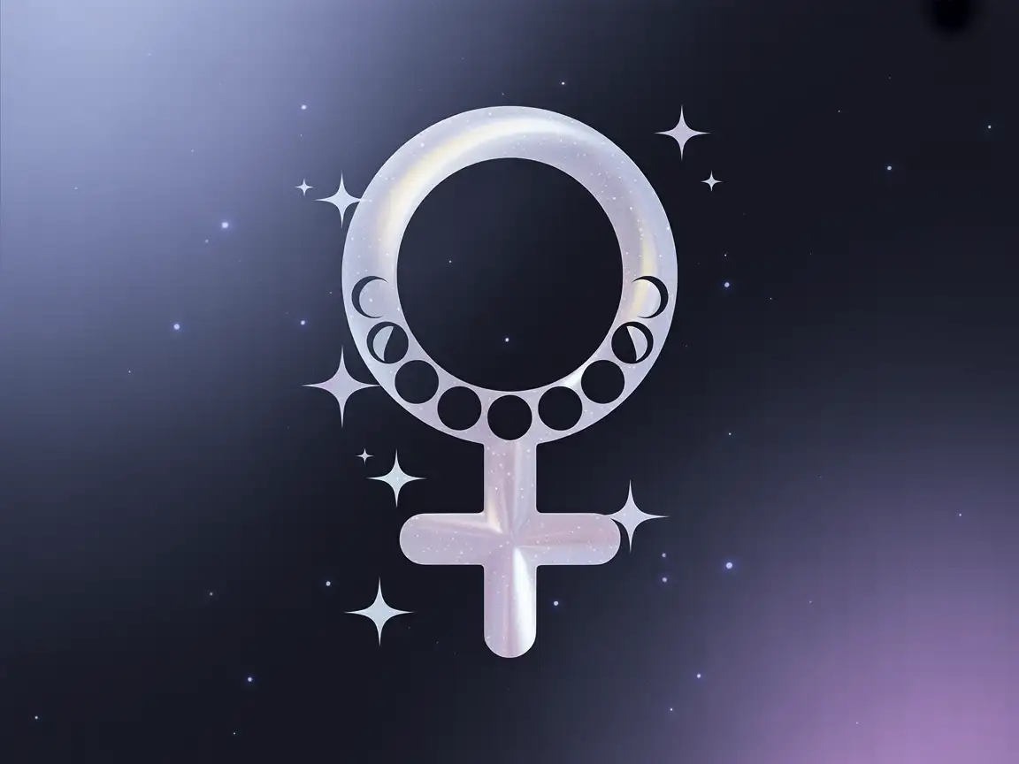 ♀ symbol decorated with moon phases and stars, soft cosmic gradient background.
