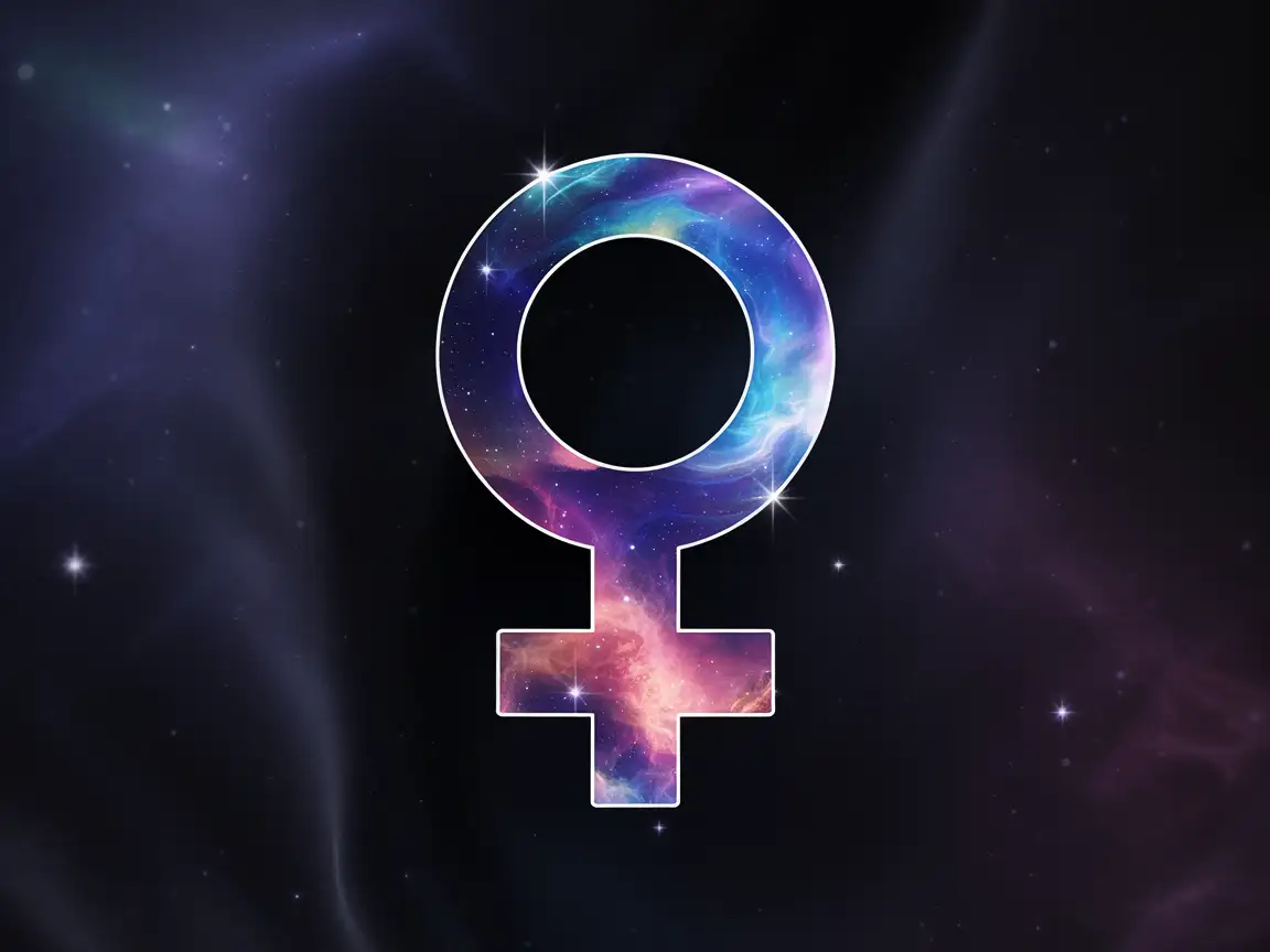 Minimalist astral ♀ glyph with glowing stars and nebula-like gradient.