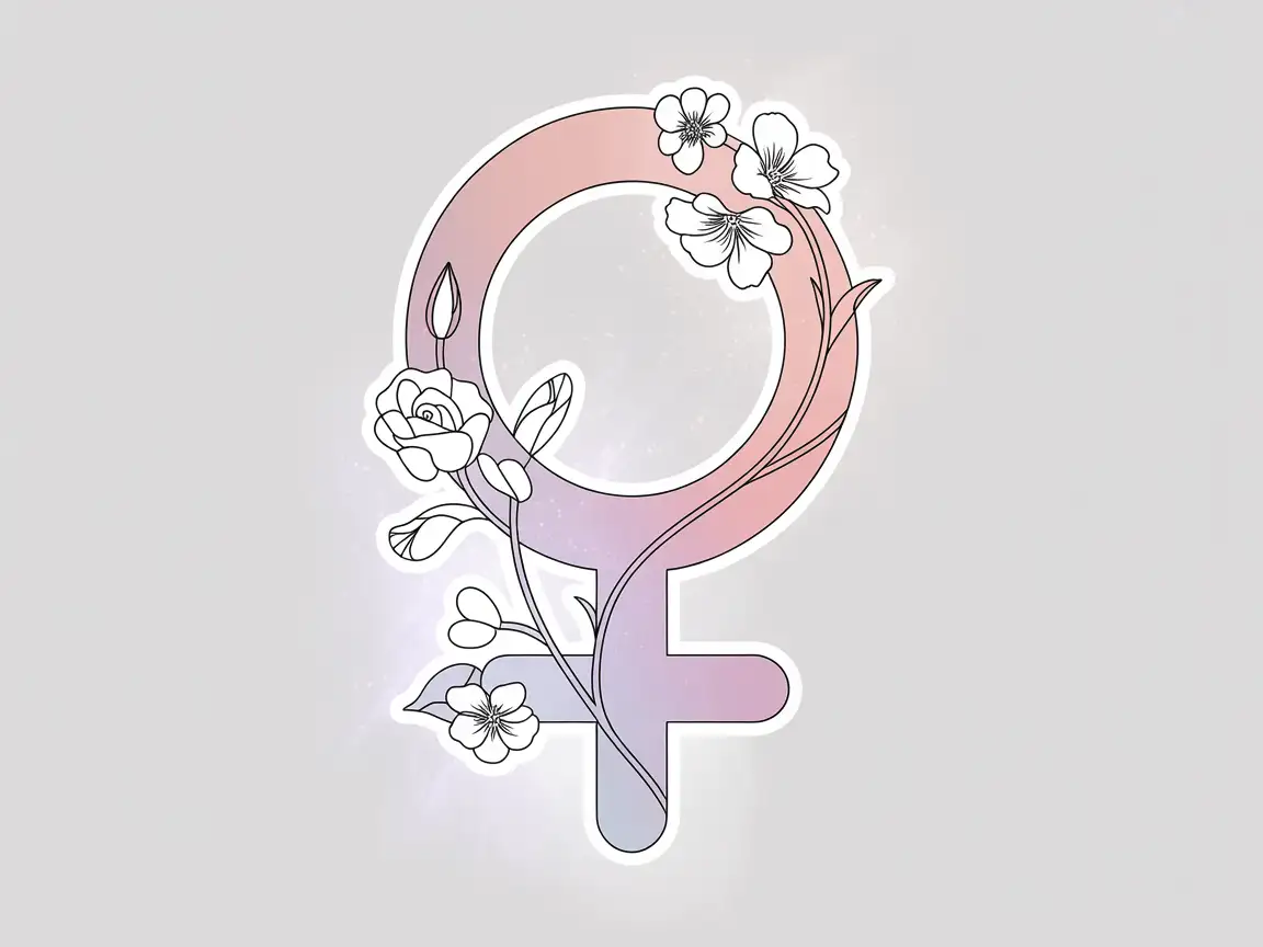 ♀ symbol combined with minimalist floral outlines, soft gradient tones.
