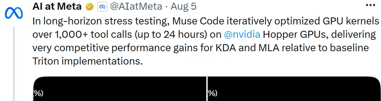 AI at Meta post describing a Muse Code stress test with more than one thousand tool calls over as long as twenty-four hours