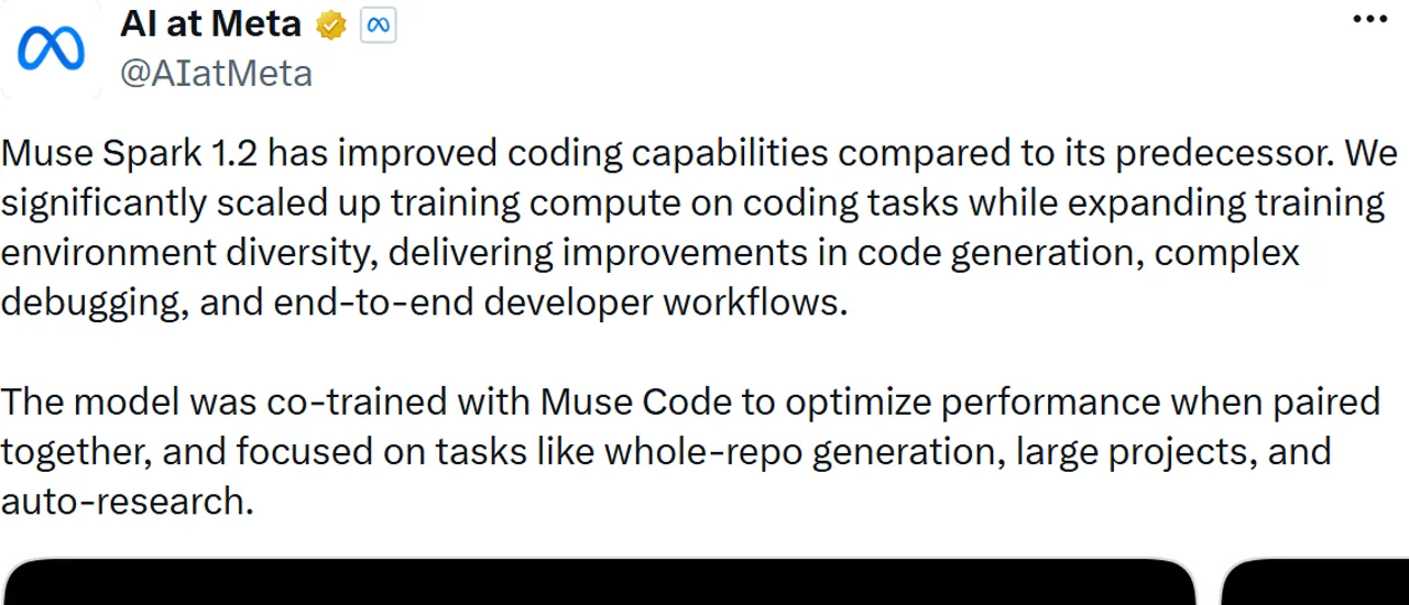 AI at Meta post describing Muse Spark 1.2 coding training, debugging, whole-repository generation, and co-training with Muse Code