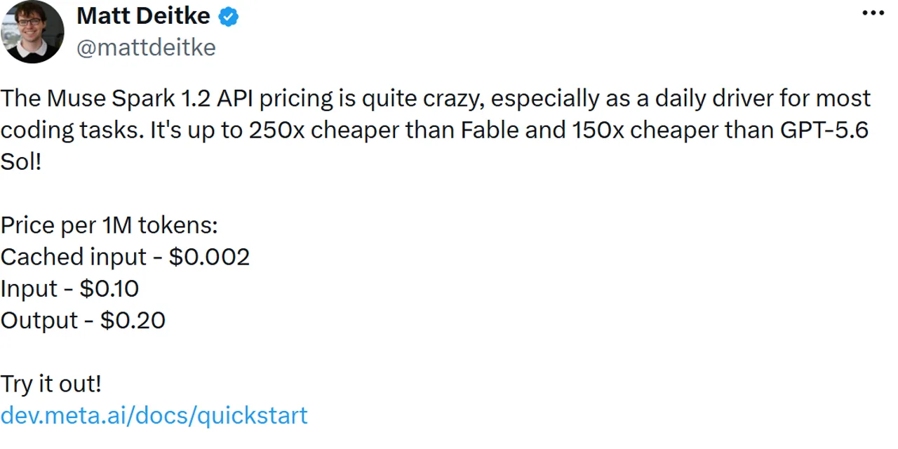 Matt Deitke social post promoting Muse Spark 1.2 Contributor-tier input, cached-input, and output token prices
