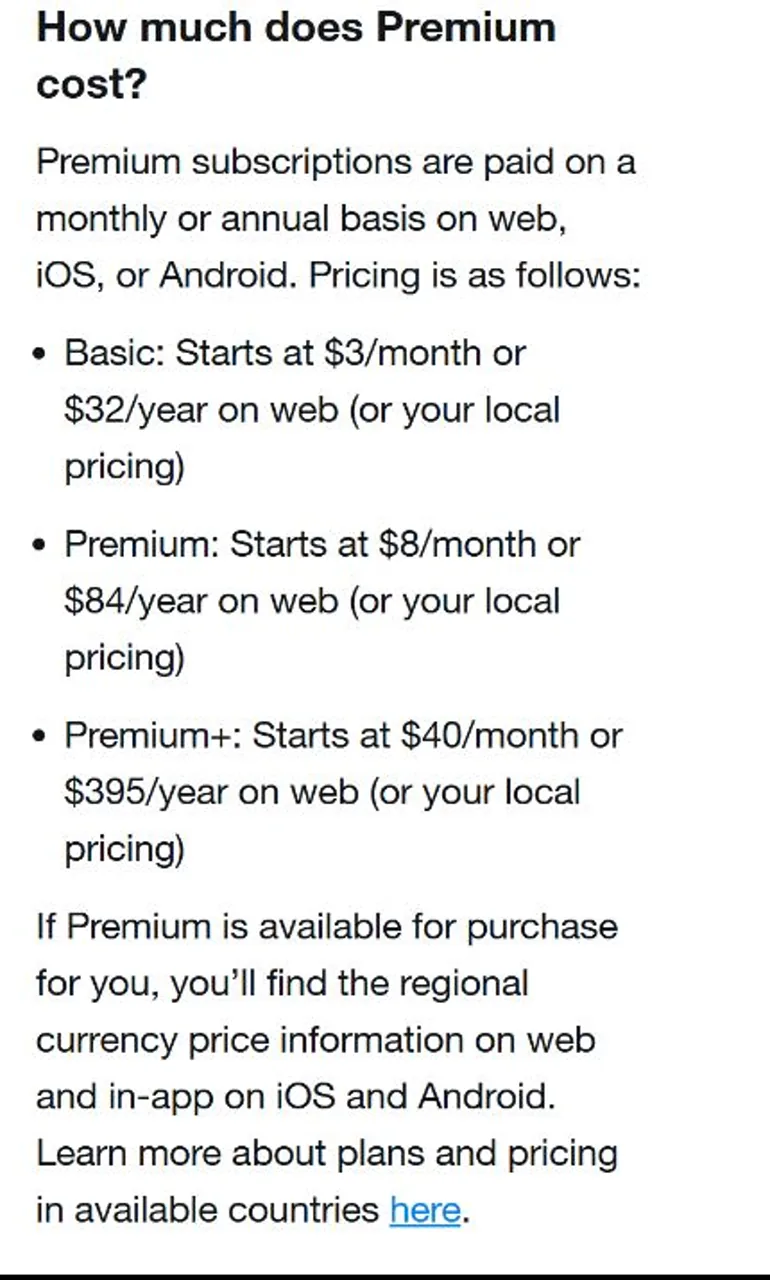 English X Help Center section listing Basic, Premium and Premium Plus monthly and yearly web starting prices