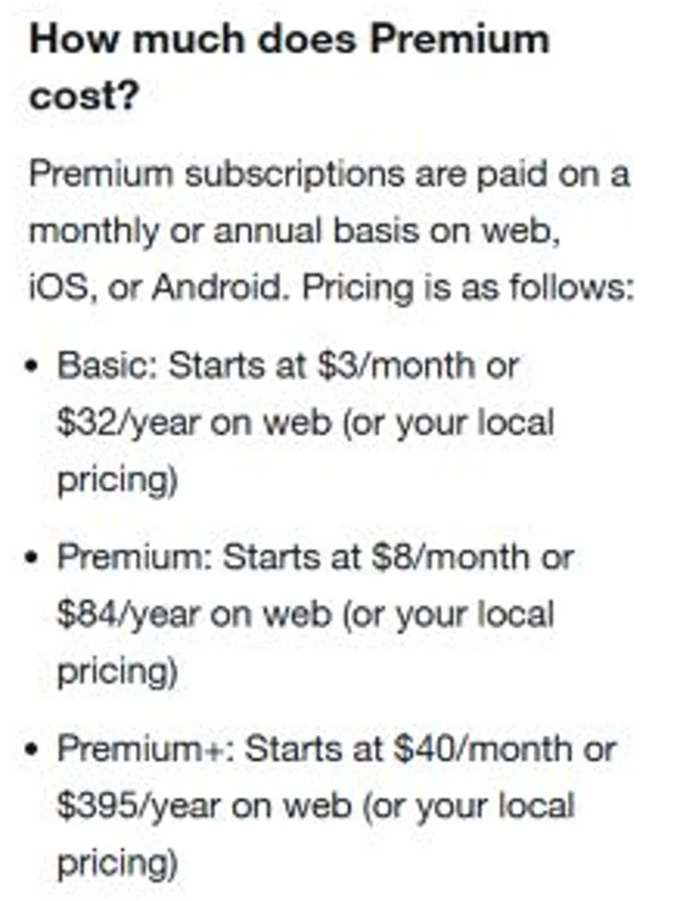 X Help Center listing Basic, Premium and Premium Plus monthly and yearly web prices