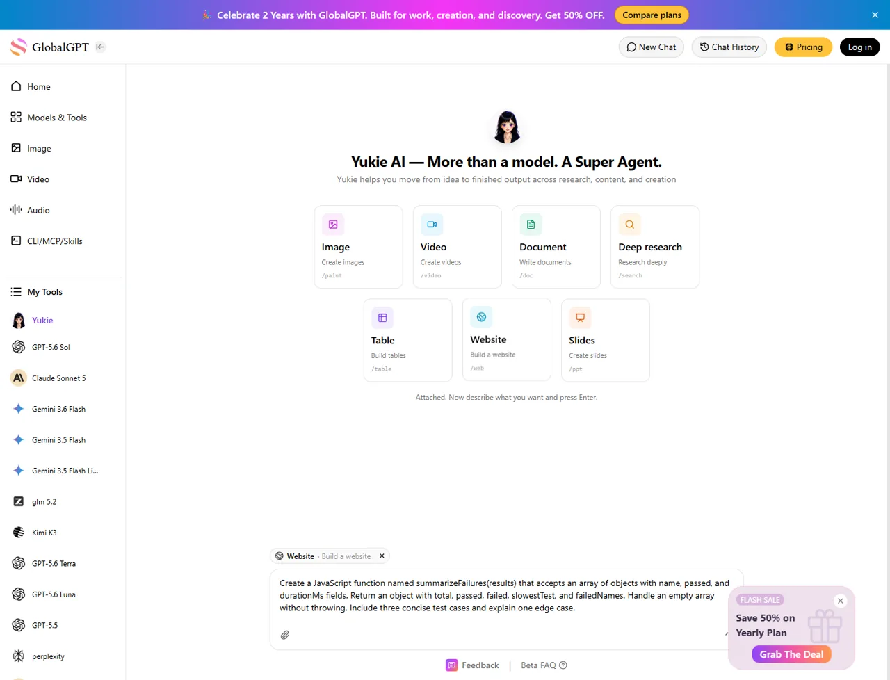 JavaScript summarizeFailures coding prompt entered in Yukie Website mode