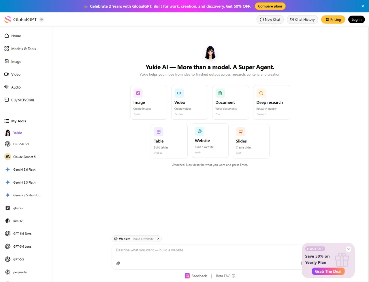 Yukie AI workspace showing website, research, document, table, slide, image, and video modes