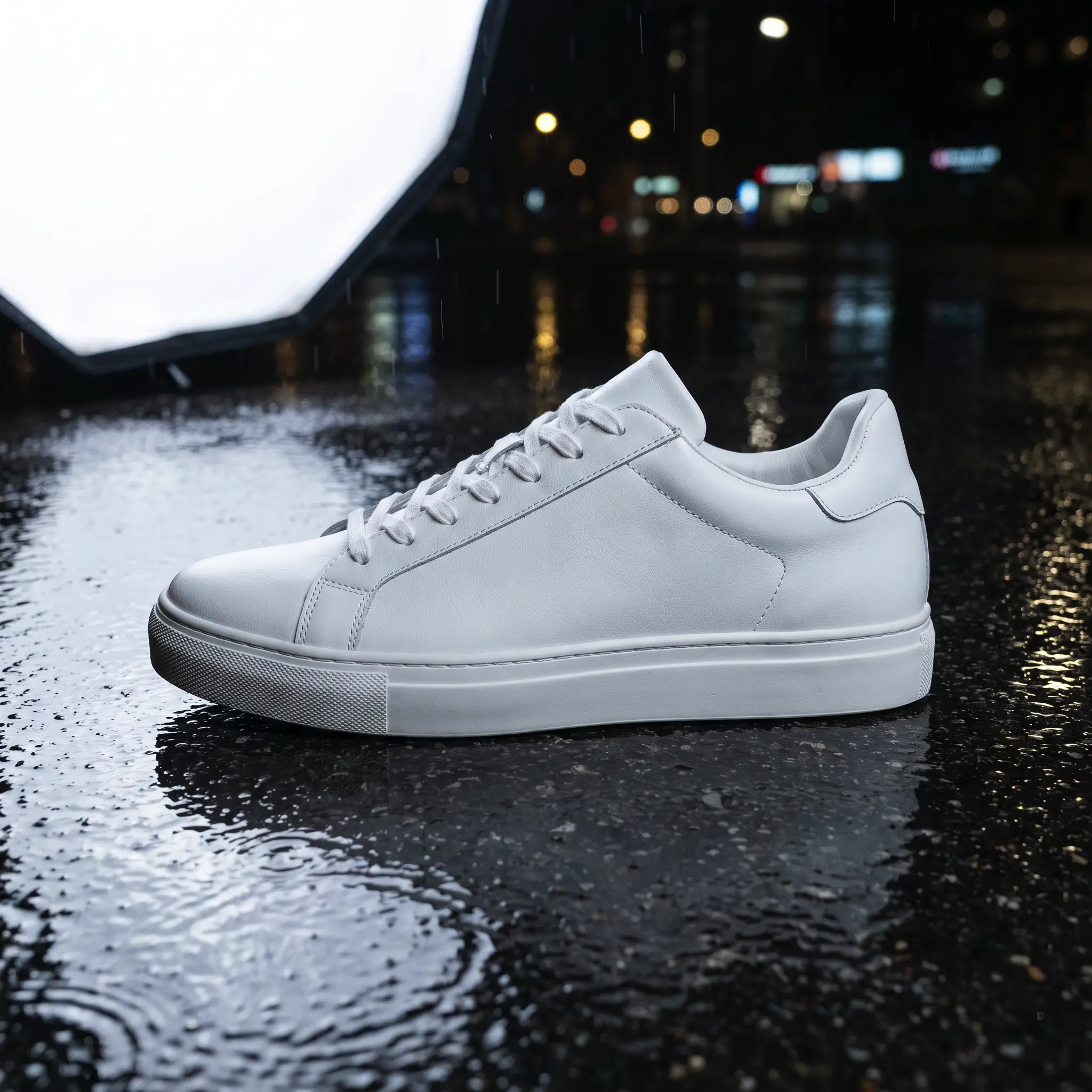 White sneaker on wet asphalt at night, studio light — generated with the glbgpt CLI