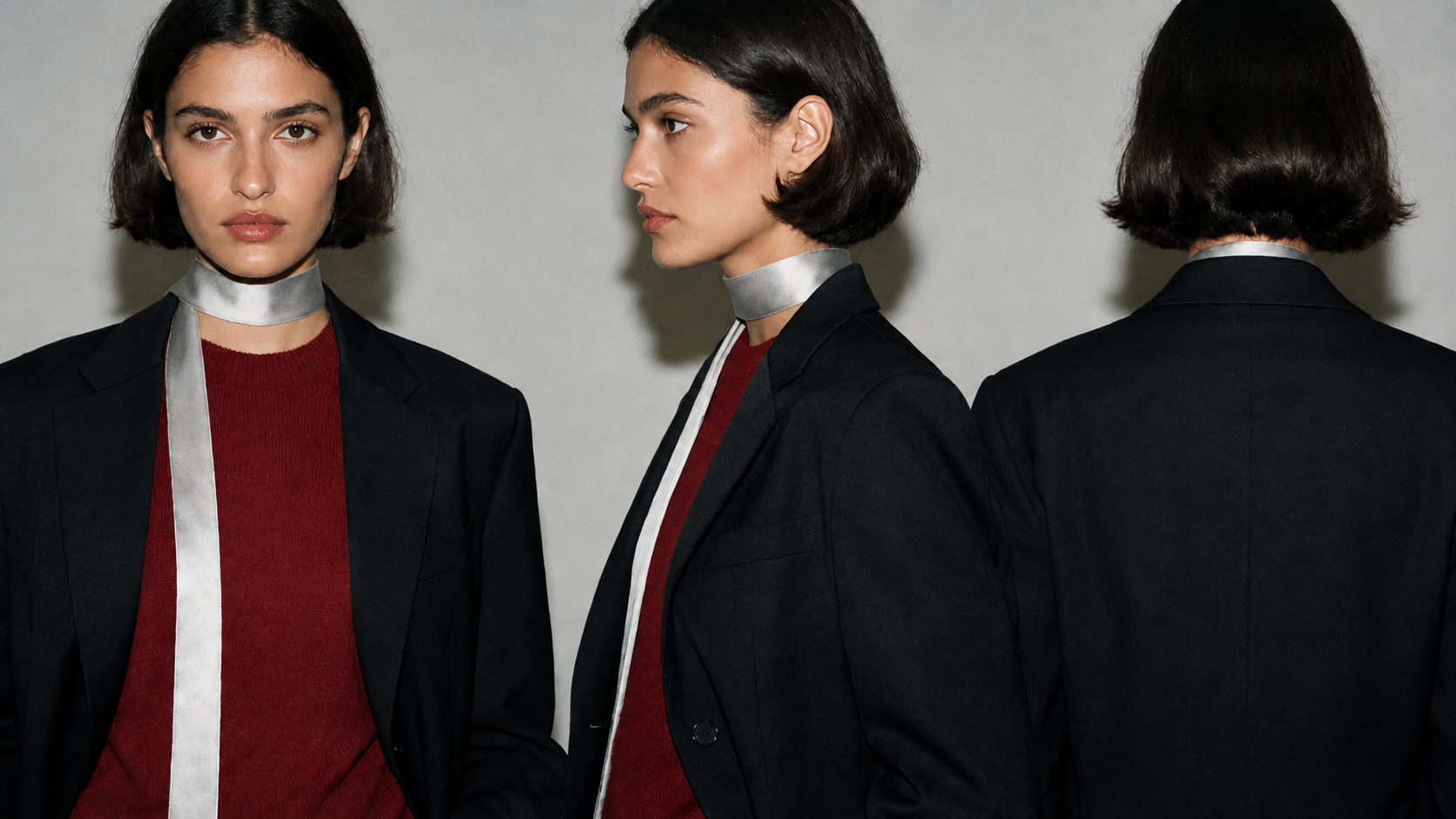 Fashion muse with dark bob, black jacket and silver scarf in three views