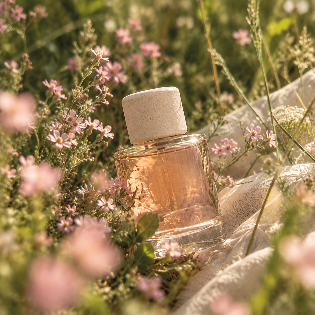 The perfume bottle among pink flowers in a sunlit garden