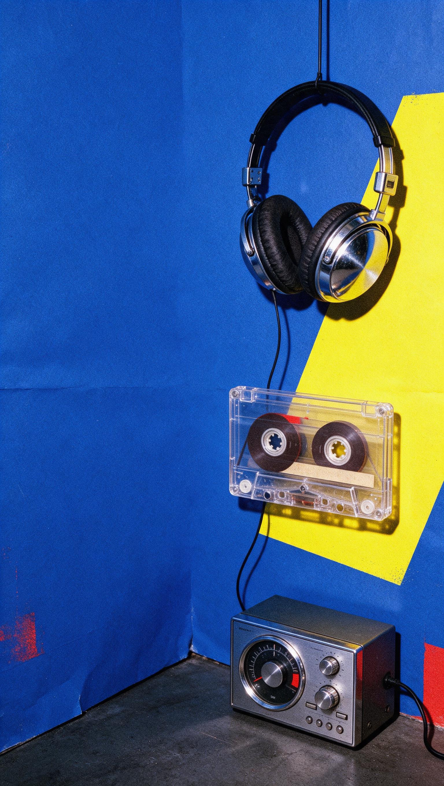 Portrait Signal FM composition with headphones, cassette and radio