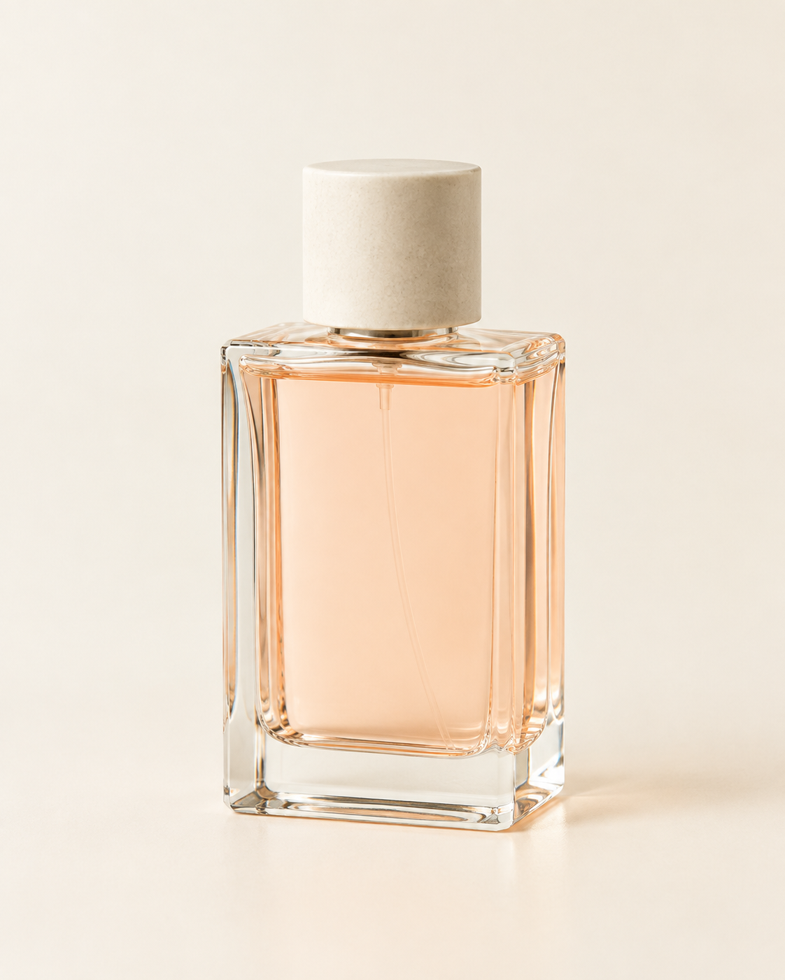 Clear glass perfume bottle with an ivory cap